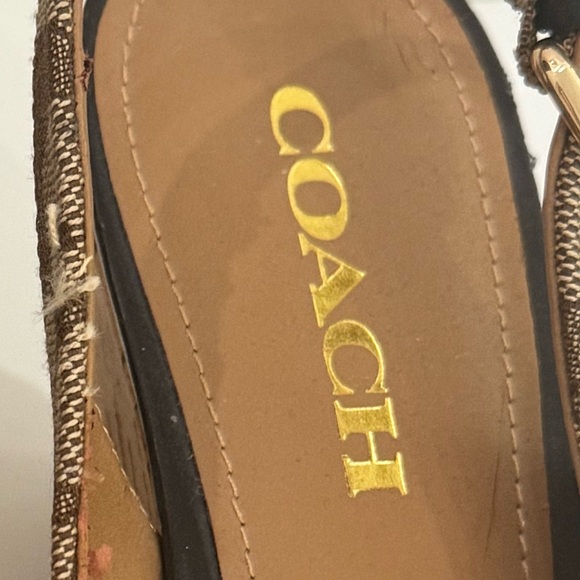 Coach Logo Print Slingback Wedge Sandals Brown Beige Black Canvas Leather 7.5B - Picture 12 of 12